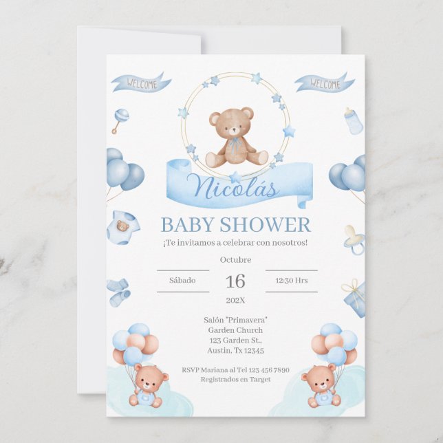Spanisch Blue Bear Baby Dusche Einladung (Vorderseite)