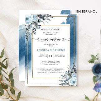 Spanisch, Blue Quinceañera Wasserfarbe und Blümche Einladung