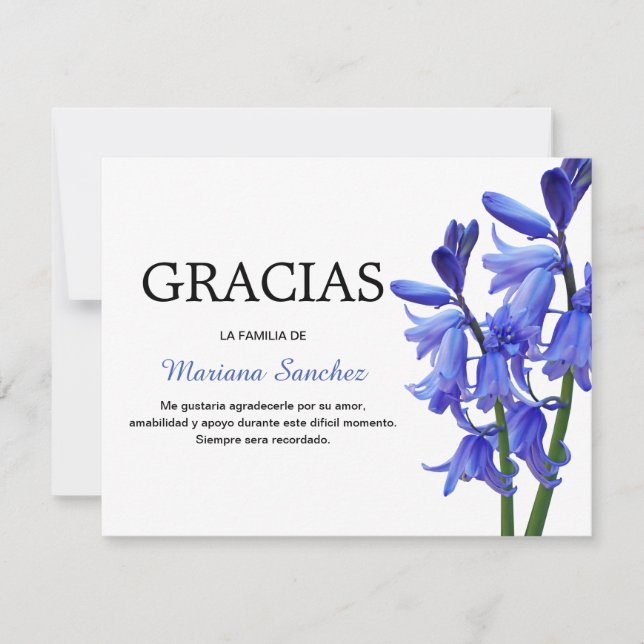 Spanisch Bluebells Gracias | Beileid Vielen Dank Dankeskarte (Vorderseite)
