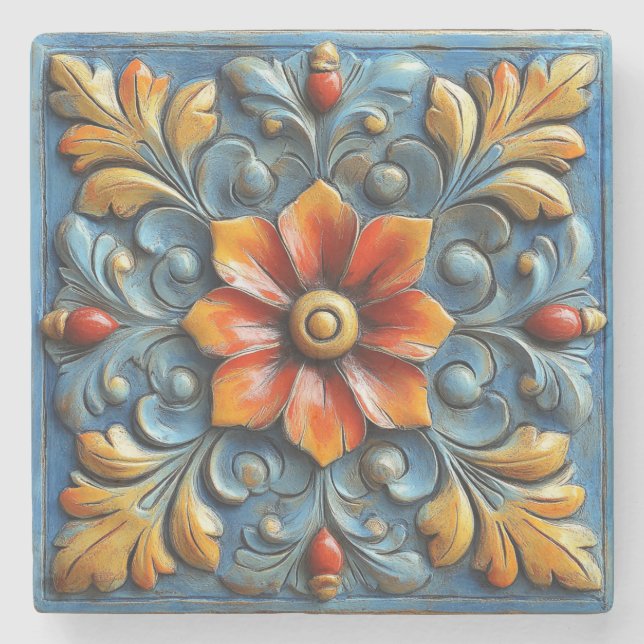 Spanisch-Blütenorange und Blau Steinuntersetzer (Vorderseite)