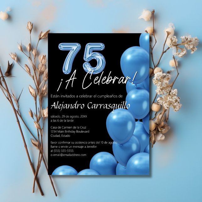 Spanisch Bright Blue Balloons Black 75. Geburtstag Einladung (Von Creator hochgeladen)