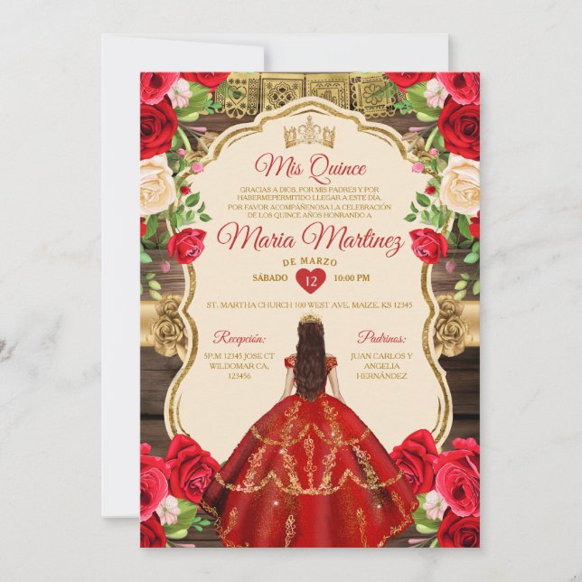 Spanisch Bright Red Floral Rustic Wood Quiñceanera Einladung (Vorderseite)