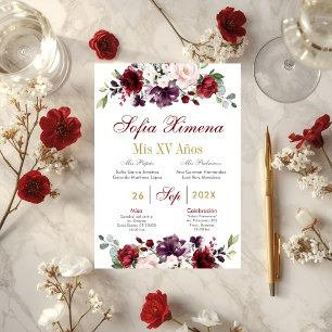 Spanisch Burgund Floral Quinceanera Einladung