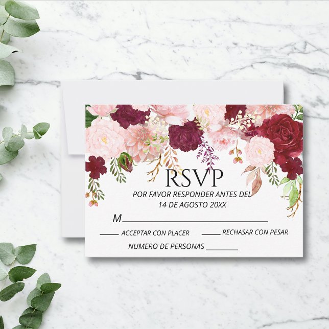 Spanisch Burgundy Blush Pink Bloral UAWG wedding RSVP Karte (Von Creator hochgeladen)