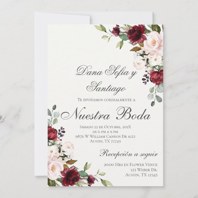 Spanisch Burgundy Floral Wedding Einladung (Vorderseite)