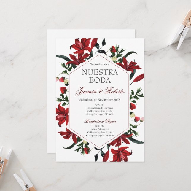 Spanisch Burgundy Floral Wedding Einladung (Vorderseite/Rückseite Beispiel)