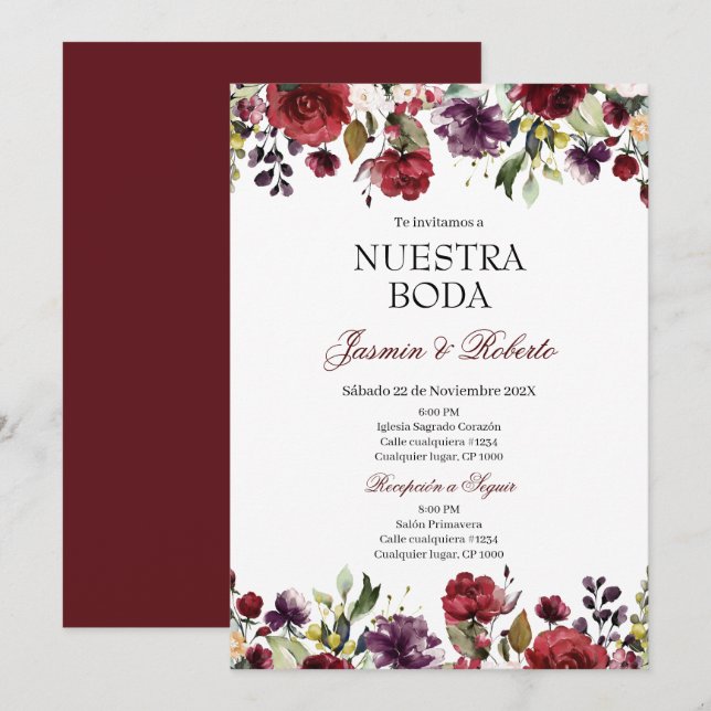 Spanisch Burgundy Floral Wedding Einladung (Vorne/Hinten)