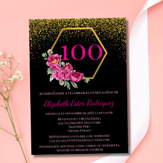 Spanisch Charming Black Gold & Pink 100. Geburtsta Einladung