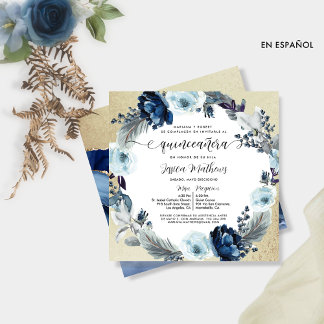 Spanisch, Chic Blue und Gold, Blumenkatze Quinceñe Einladung