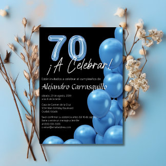 Spanisch Cool Blue Balloons Black 70. Geburtstag Einladung