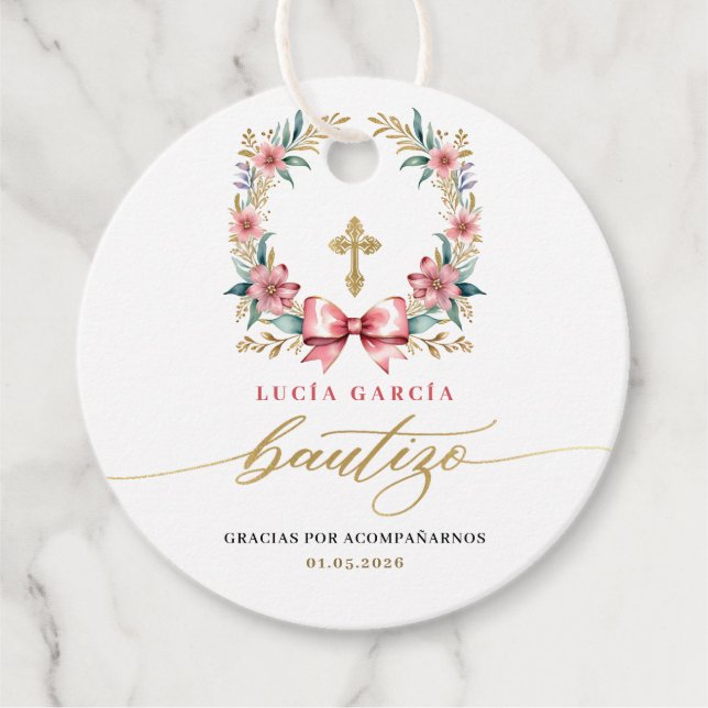 Spanisch De Bautizo Gracias Gold & Pink Geschenkanhänger (Vorderseite)