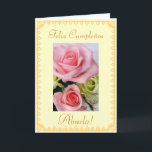 Spanisch: Der Geburtstag der Großmütter Karte<br><div class="desc">Tarjeta Post: ELdurchmessers de Cumpleaños de Flores Para abuela La. Puede cambiar/personalizar Sus mensajes.  "Alles- Gute zum Geburtstaggroßmutter! " Grußkarte auf spanisch mit Bild der rosa und blauen Blumen auf beije Hintergrund.   Personifizieren Sie Ihre Mitteilung!   Fotografie durch Maria Santos (Lusinhas tun Sul)</div>