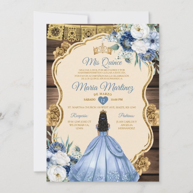 Spanisch Dusty Blue Floral Wood Quiñceanera Einladung (Vorderseite)