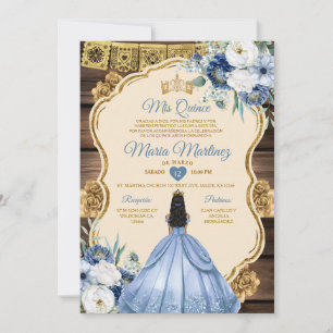 Spanisch Dusty Blue Floral Wood Quiñceanera Einladung