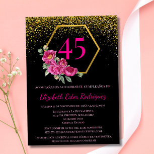 Spanisch Einzigartig Schwarz & Gold Rosa 45. Gebur Einladung