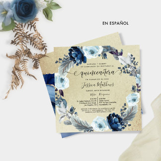 Spanisch, Eleganblau und Gold, Quinceñera Einladung