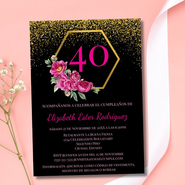 Spanisch Elegant Black & Gold Pink 40. Geburtstag Einladung (Von Creator hochgeladen)