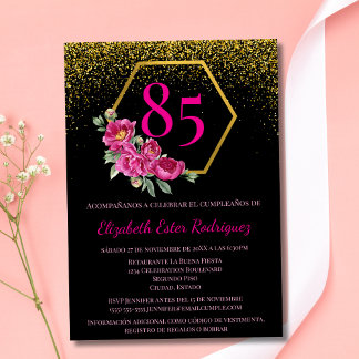 Spanisch Elegant Black Gold & Pink 85. Geburtstag Einladung