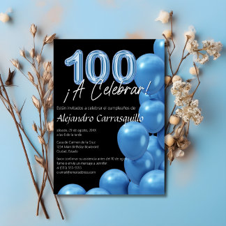 Spanisch Elegant Blue Balloons Black 100. Geburtst Einladung