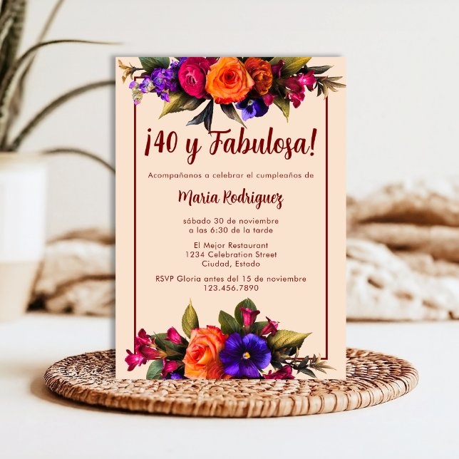 Spanisch Elegant Bright Florals Cream 40. Geburtst Einladung (Von Creator hochgeladen)