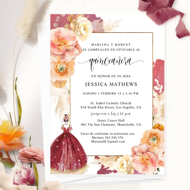 Spanisch, Elegant Burgund, Floral Quinceañera Einladung (Von Creator hochgeladen)