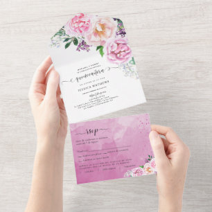 Spanisch, Elegant Fuchsia, Hot Pink Quinceñera All In One Einladung