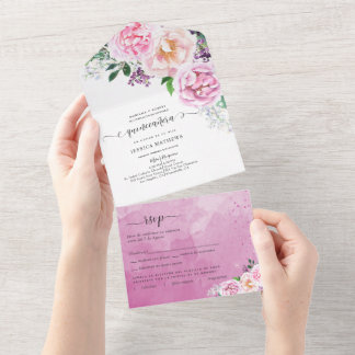 Spanisch, Elegant Fuchsia, Hot Pink Quinceñera All In One Einladung