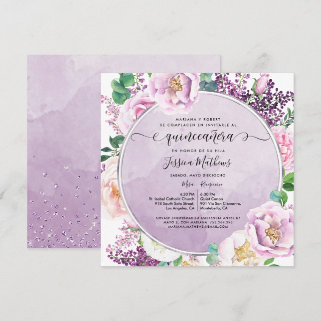 Spanisch, Elegant Lila Blumenquinceanera Einladung (Vorne/Hinten)