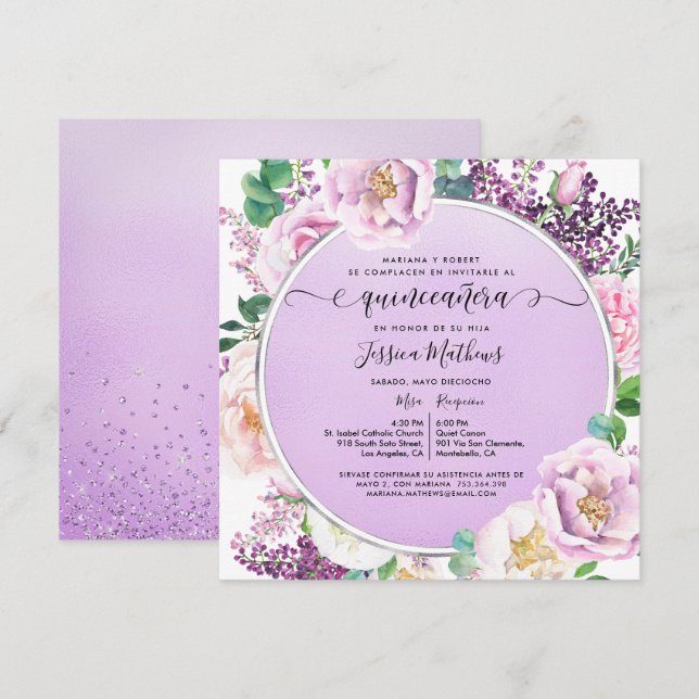 Spanisch, Elegant Lila Flora Quinceanera Invi Einladung (Vorne/Hinten)