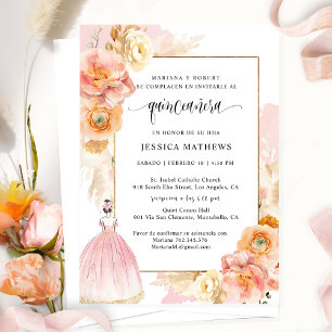 Spanisch, elegant rosa, florale Quinceñera Einladung