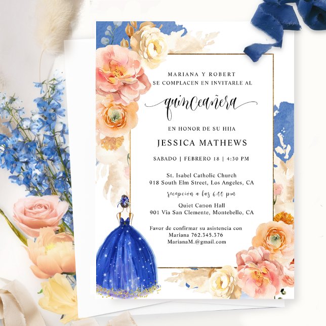 Spanisch, Elegant Royal Blue Floral Quinceñera Einladung (Von Creator hochgeladen)