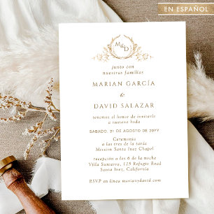 Spanisch: Elegante Goldmonogramm-Hochzeit Einladung
