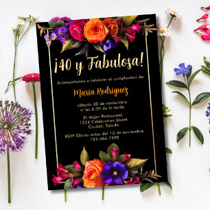 Spanisch Elegante Leuchtende Blumen Schwarz 40. Ge Einladung