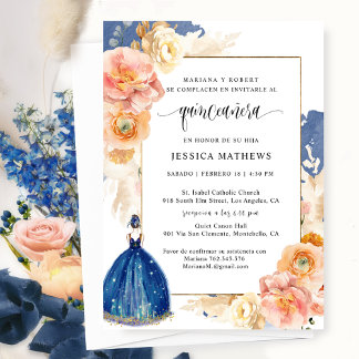 Spanisch, Elegante Marine Blue Floral Quinceñera Einladung
