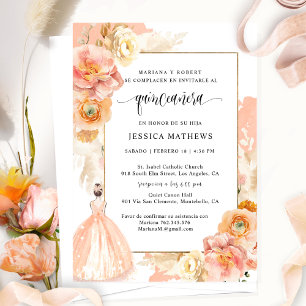 Spanisch, Elegante Peach Floral Quinceñera Einladung