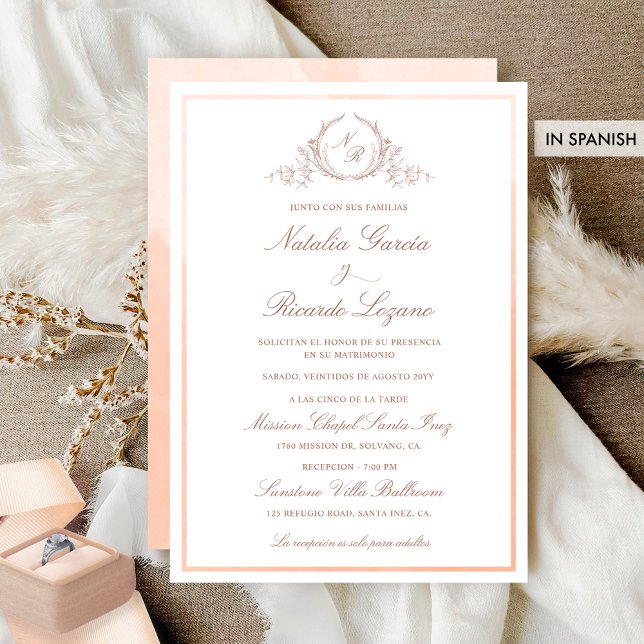 Spanisch: Elegante Peach Monogram Wedding Einladung (Von Creator hochgeladen)