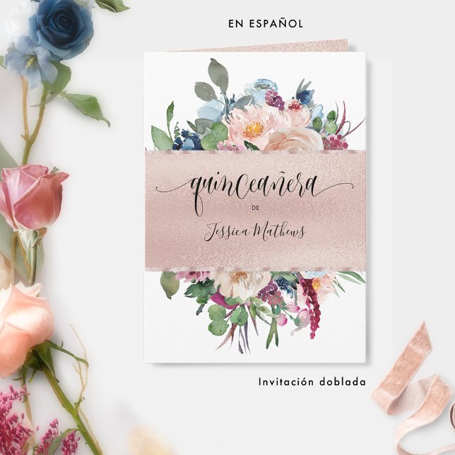 Spanisch, Elegante Rose Gold geflochtene Quinceñer Einladung (Von Creator hochgeladen)