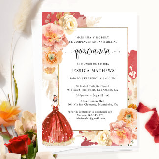 Spanisch, elegante Rote Flora Einladung Quinceñera