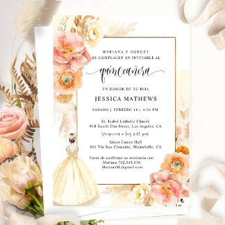Spanisch, Eleganter Champagner Floral Quinceñera Einladung
