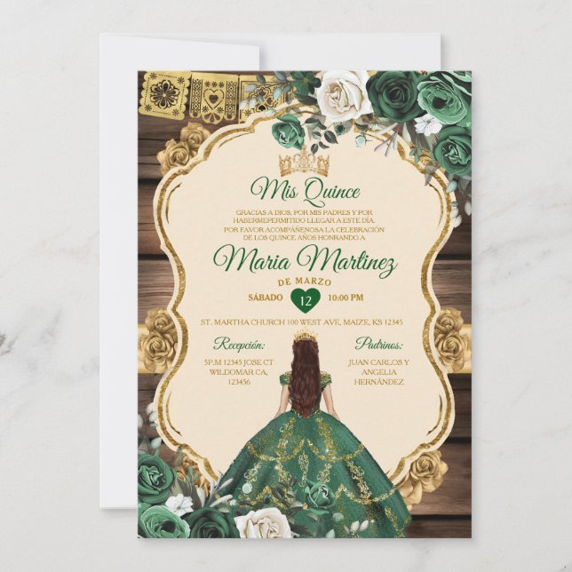 Spanisch Emerald Green Floral Wood Quiñceanera Einladung (Vorderseite)