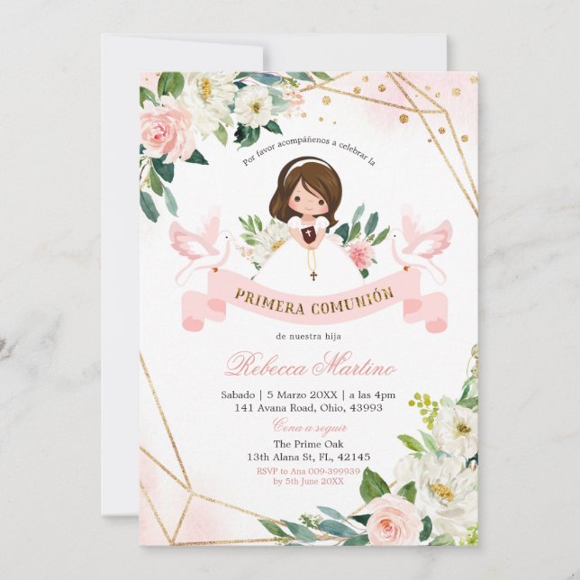 Spanisch Englisch Pink Gold Floral Girening Einladung (Vorderseite)