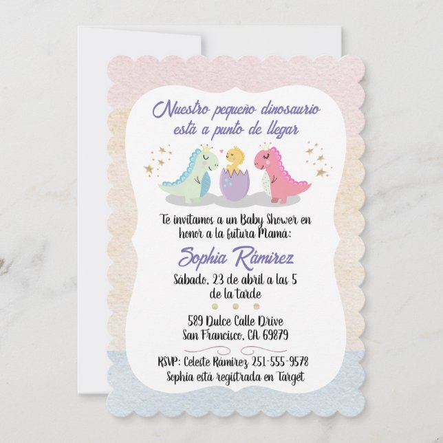 Spanisch/Español Baby Shower Dinosaurier Wasserfar Einladung (Vorderseite)