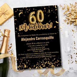 Spanisch Extravagant Black & Gold Confetti 60. Geb Einladung