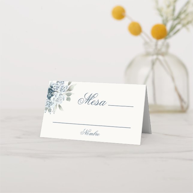 Spanisch Floral Blue Wedding Platzkarte (Vorderseite)