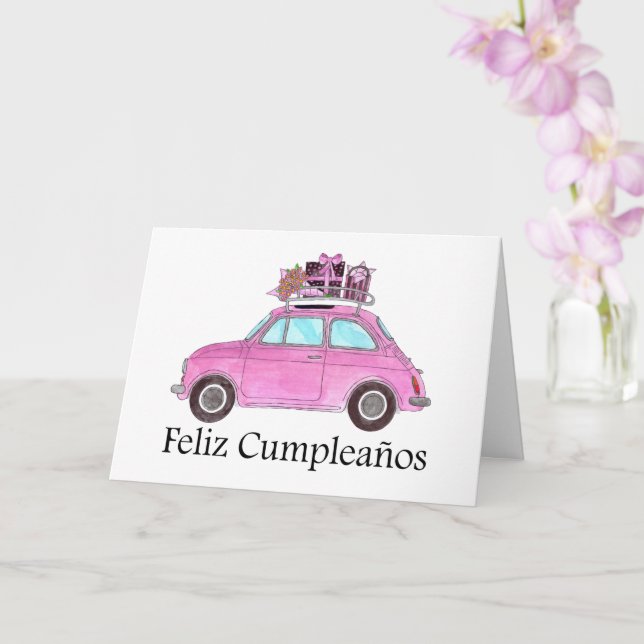 Spanisch Geburtstag Retro Fiat 500 Karte (Orchidee)