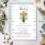 Spanisch, Junge oder Girl Green Blue Mint Taufe Einladung<br><div class="desc">Elegante Taufe auf Spanisch mit exquisitem goldfarbenem Kreuz, umgeben von handbemalten Aquarellfarben-Blätter in hellgrün und mintblau. Das gleiche Design ist auch in Englisch verfügbar. Moderne handgeschriebene Schriftzeichen-Typografie-Details. Schöne, türkisblaue Minzfarbe mit dekorativen Blätter an den Seiten und einem wunderschönen, zentral gelegenen Blumenstrauß mit dem Namen Ihrer Tochter/Ihres Sohnes. Die Farbe der...</div>