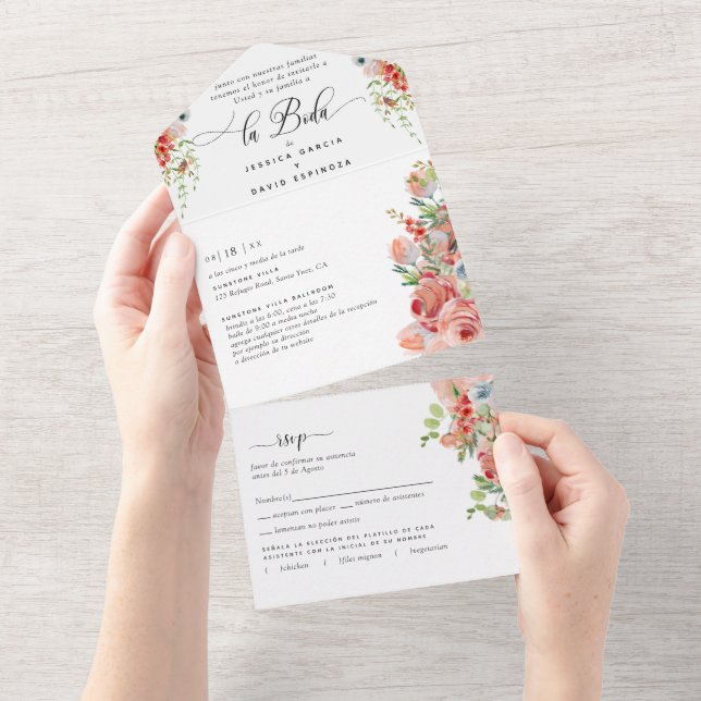 Spanisch, Korallenpfirsiche, cremige Hochzeitsreis All In One Einladung (Abreißen)