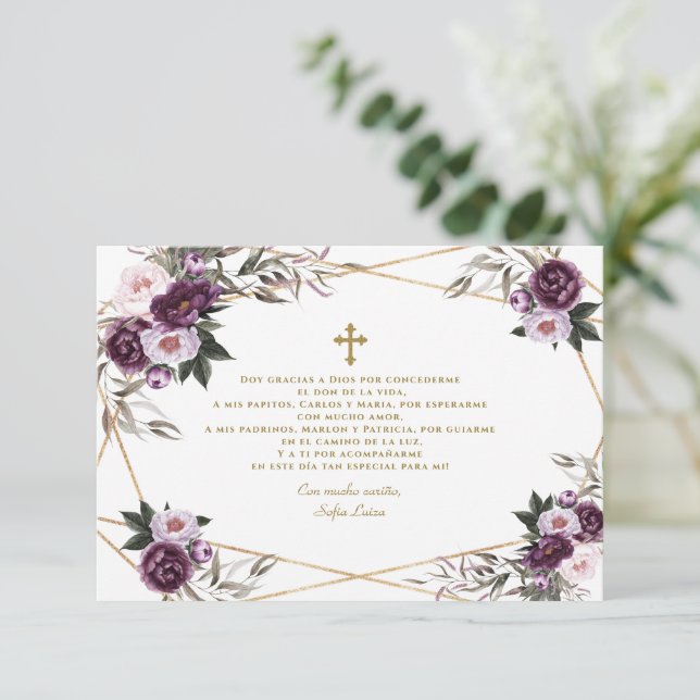 Spanisch Lila Floral Gracias Con Oración Bautizo Dankeskarte (Stehend Vorderseite)