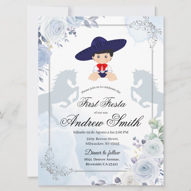 Spanisch Mexikanisch First Fiest Blue Charro Einladung (Vorderseite)