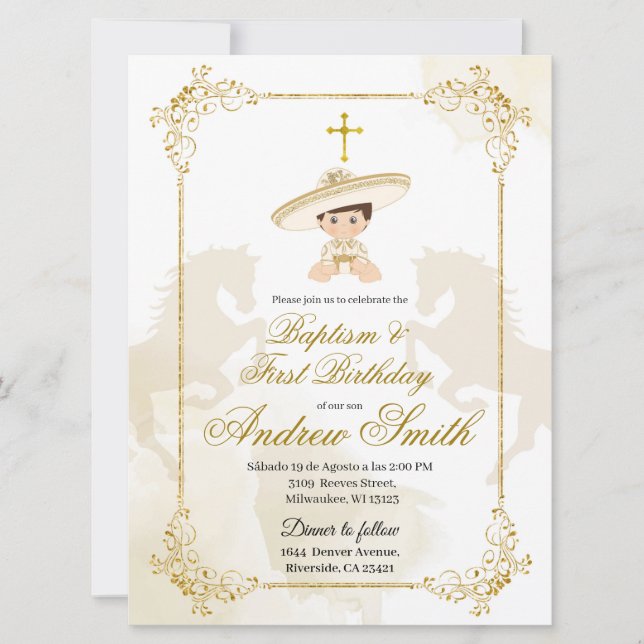 Spanisch mexikanische Gold Charro Taufe & Geburtst Einladung (Vorderseite)